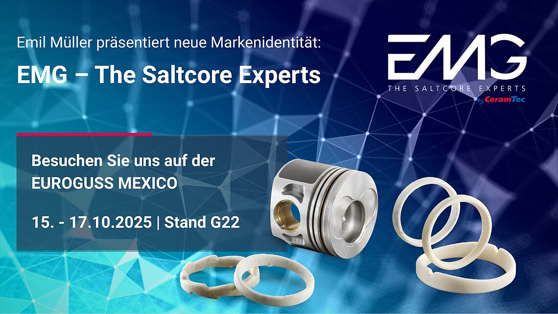 Blaues Banner mit Saltcores informiert über den EUROGUSS-Auftritt von EMG Saltcores