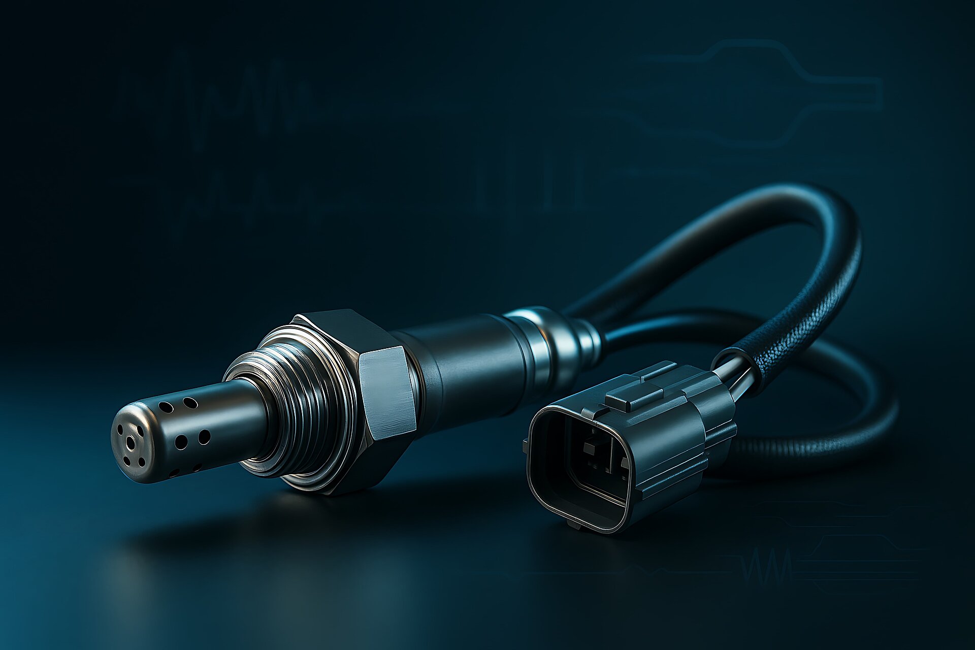 Capteur lambda automobile très détaillé avec éclairage de studio cyan futuriste