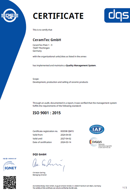 Screenshot of the ISO 9001 certificate for CeramTec Sumperk