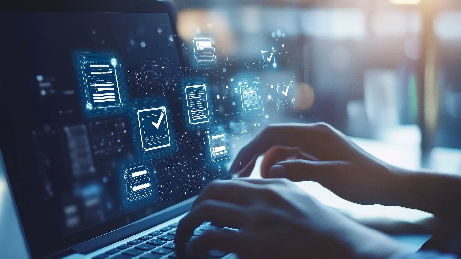 Personne interagissant avec des documents numériques et un écran tactile pour le travail à distance et la communication