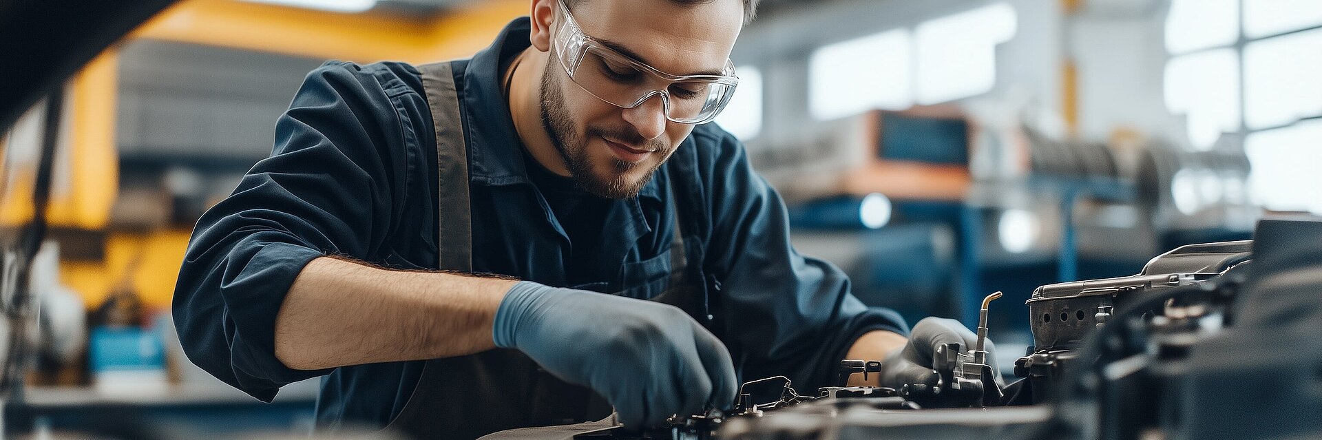 Mechatroniker repariert Motor in moderner Werkstatt