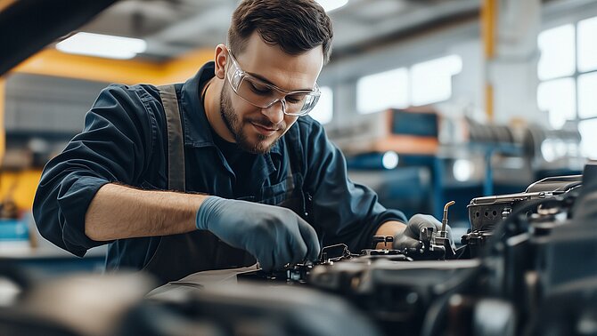 Mechatroniker repariert Motor in moderner Werkstatt