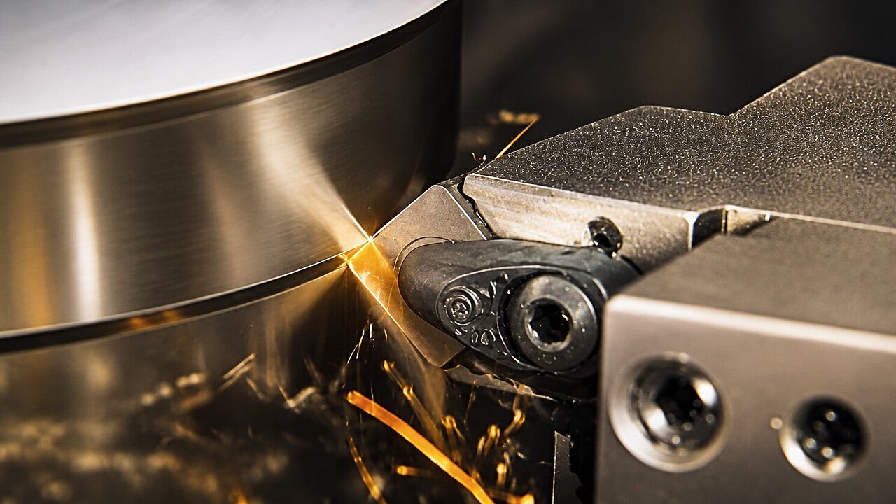 A ceramic cutting insert in use during turning
