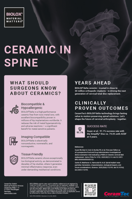Titelbild des OnePagers von CeramTec über BIOLOX in der Wirbelsäule