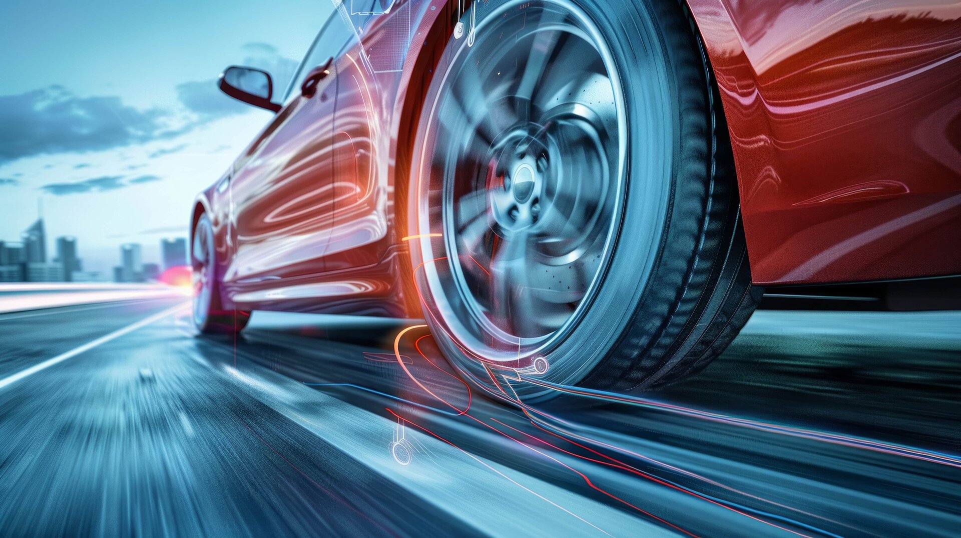 Gros plan d'une voiture de sport rouge roulant rapidement sur la route