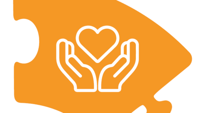 Ein orangefarbenes Puzzlestück mit offenen Händen und einem Herz in der Mitte