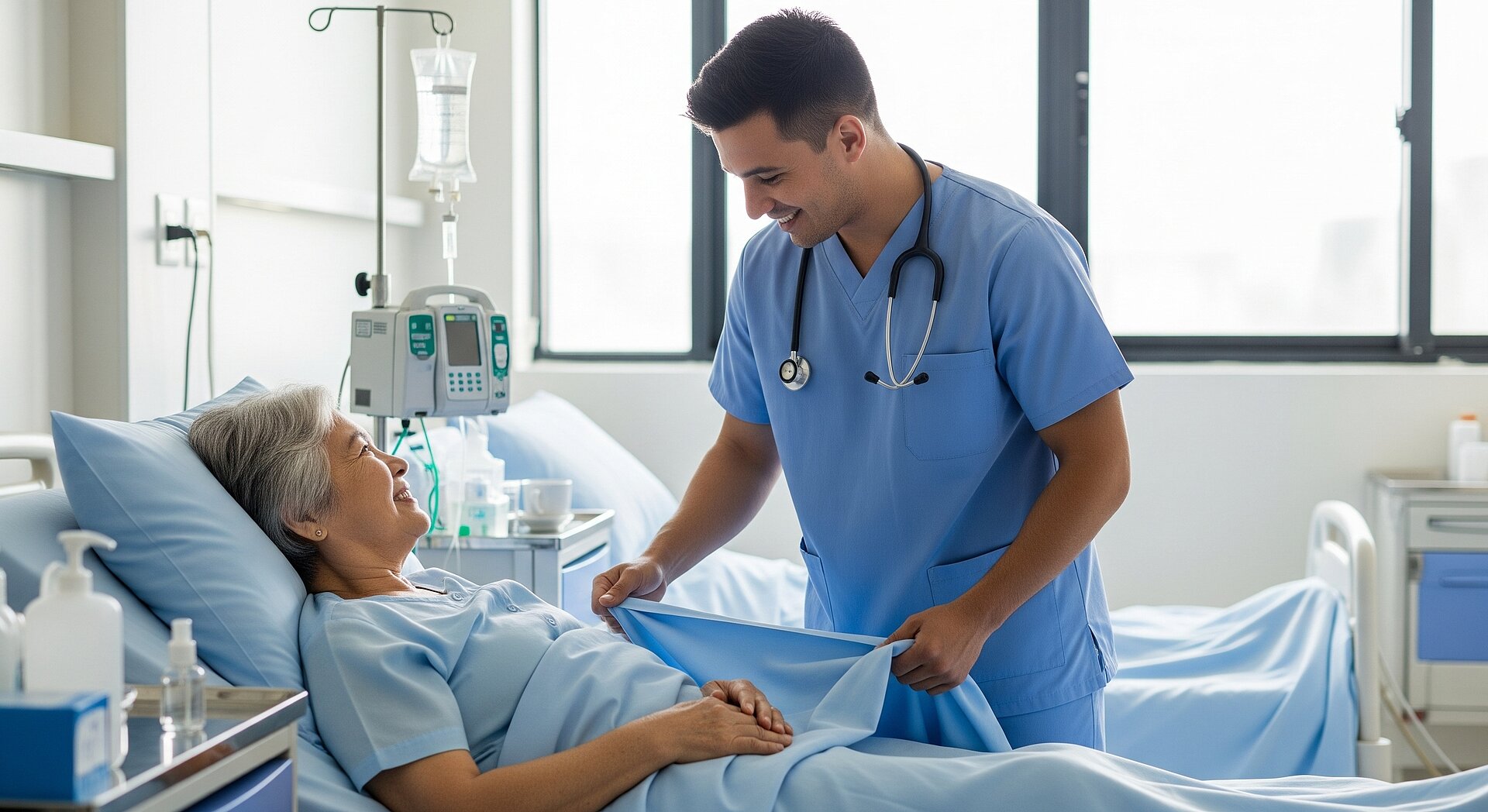Fürsorglicher männlicher Krankenpfleger richtet Krankenhausbettlaken für eine lächelnde ältere Patientin
