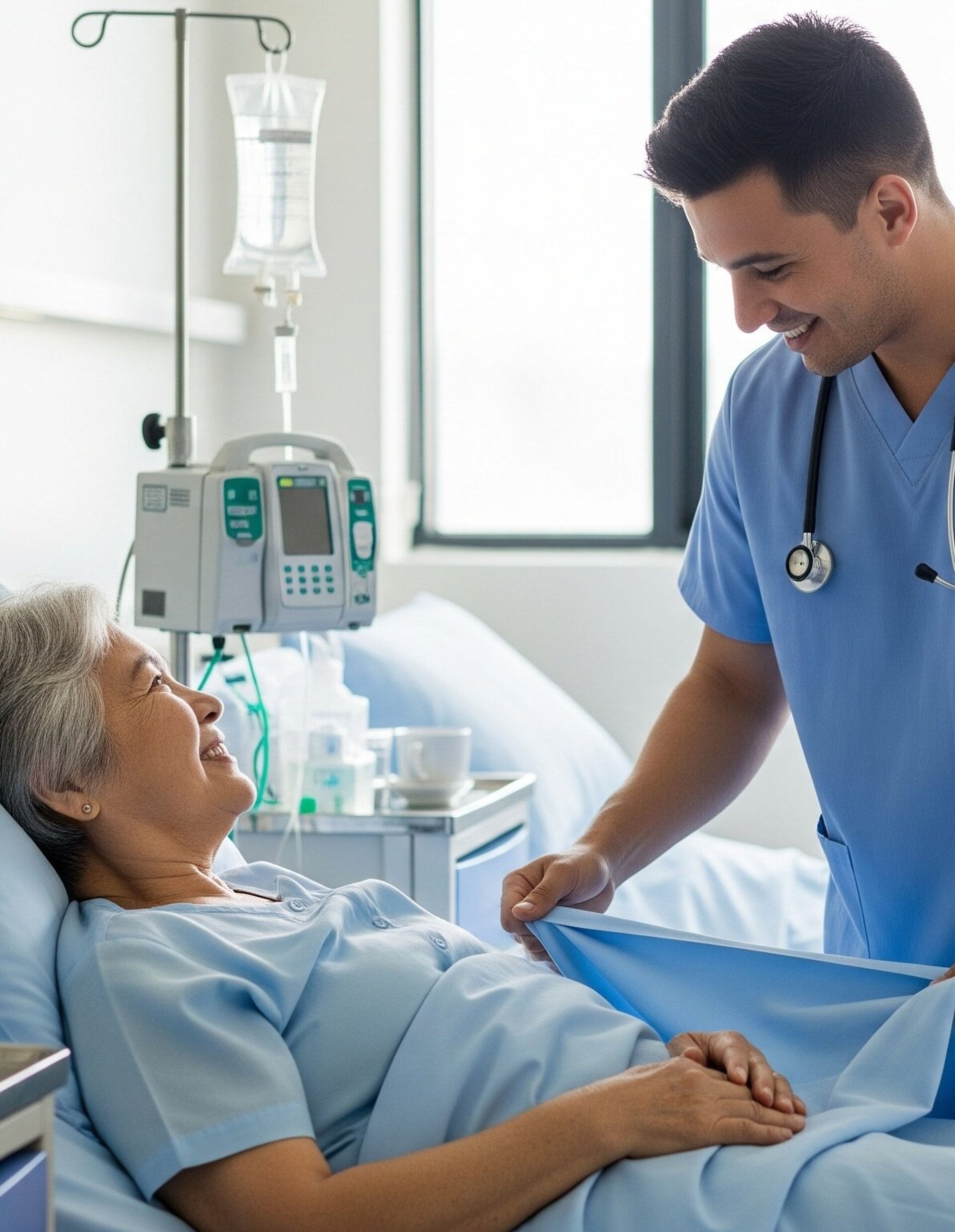 Fürsorglicher männlicher Krankenpfleger richtet Krankenhausbettlaken für eine lächelnde ältere Patientin