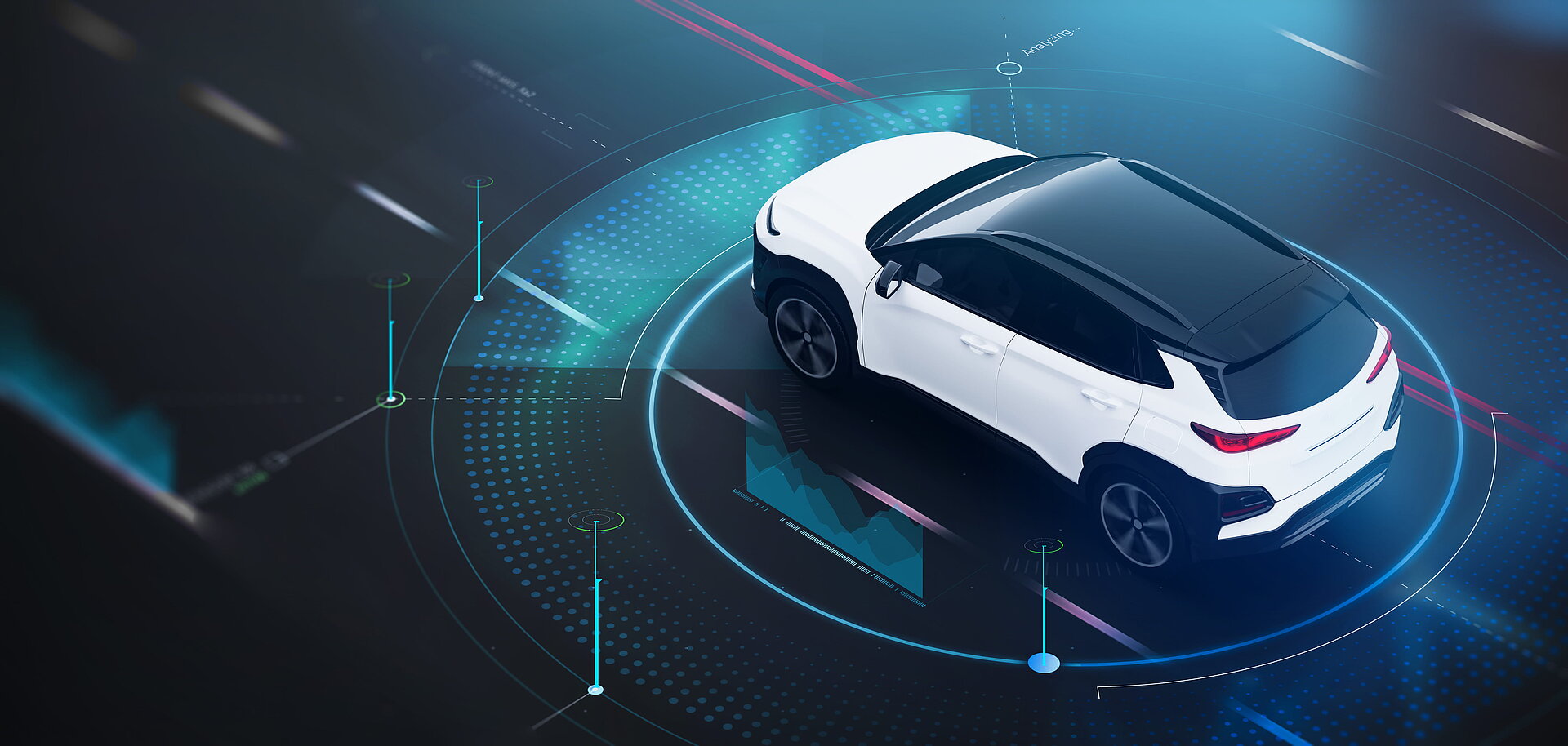 Motif de véhicule futuriste en vue aérienne symbolisant des capteurs