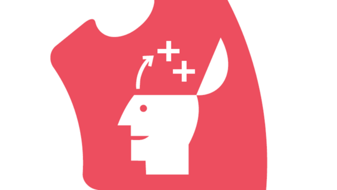 Ein rosa Puzzlestück mit einem Mann mit offenem Kopf darauf