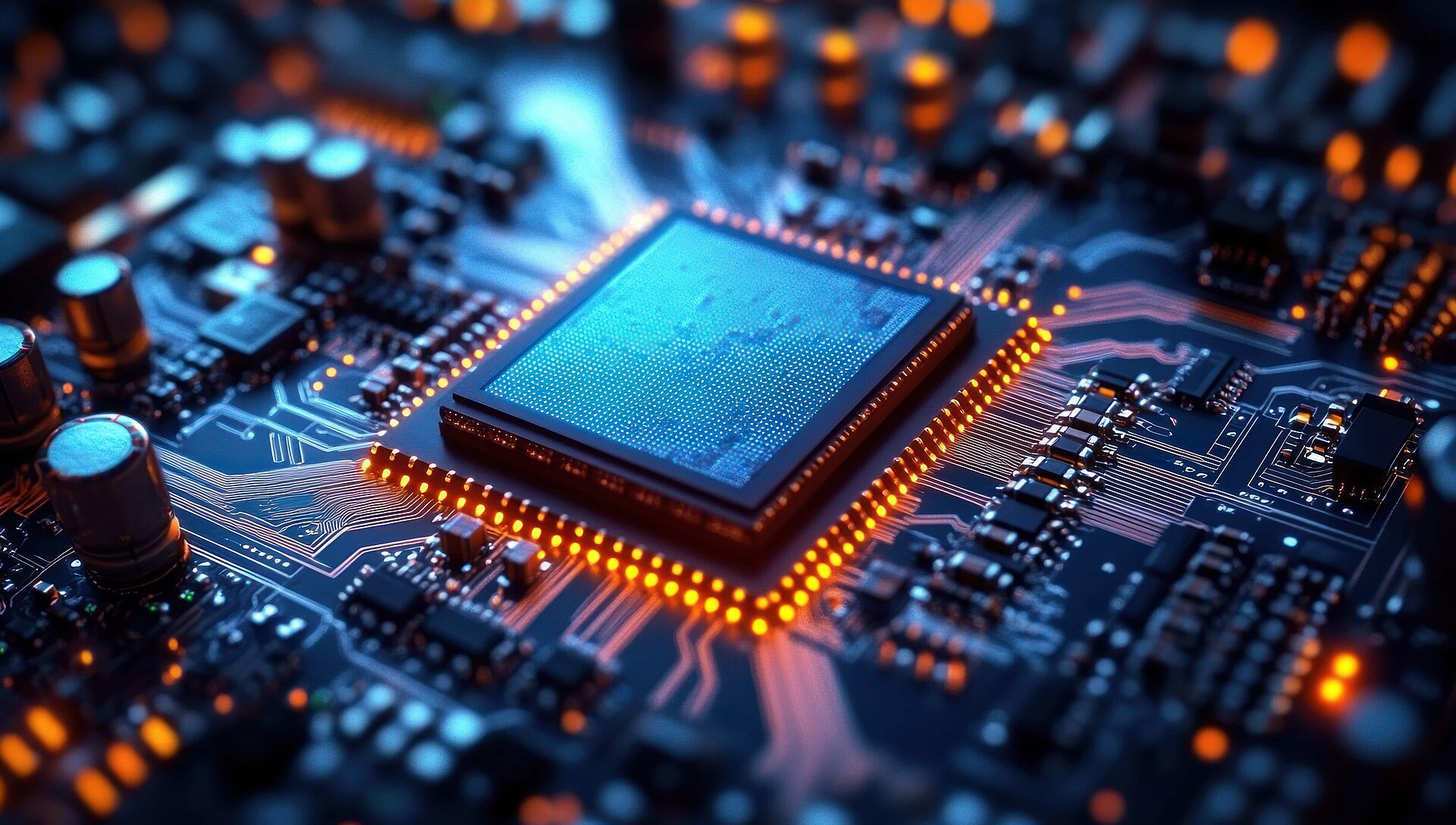Close-up of a glowing computer microchip on a circuit board surrounded by electronic components emitting blue and orange lights