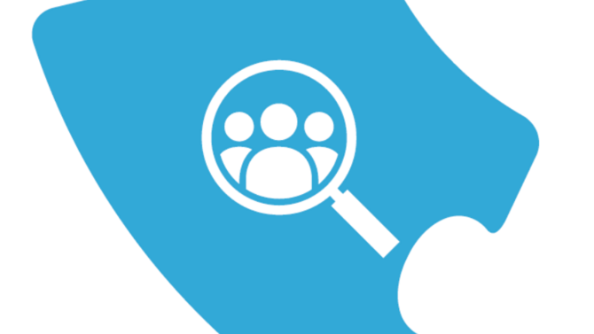 Ein Puzzlestück mit einer Lupe, die auf eine Gruppe zoomt