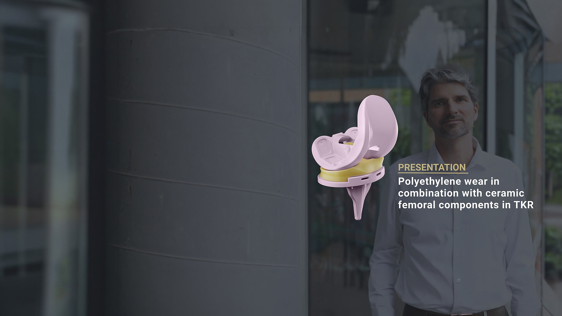 3D render of a total knee replacement implant with ceramic femoral component and PEEK insert, alongside a presentation title on polyethylene wear in TKR.