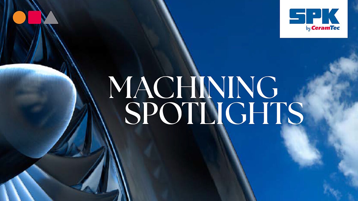 Eine Flugzeugturbine vor blauem Hintergrund. Daneben der Titel des Whitepapers: Machining Solutions.