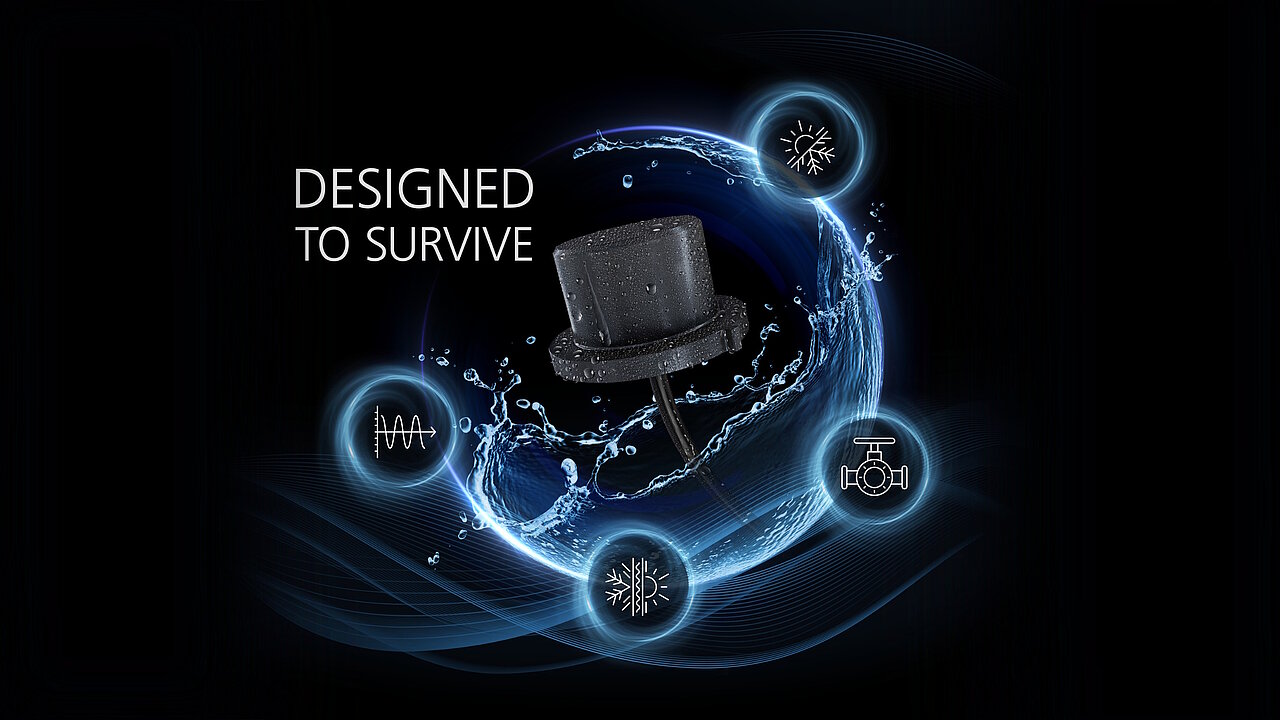 Ein Durchflusssensor vor schwarzem Hintergrund und mit Symbolen umrandet