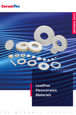 Photo de couverture de la brochure CeramTec sur les céramiques piézoélectriques sans plomb avec quelques exemples de produits piézoélectriques.