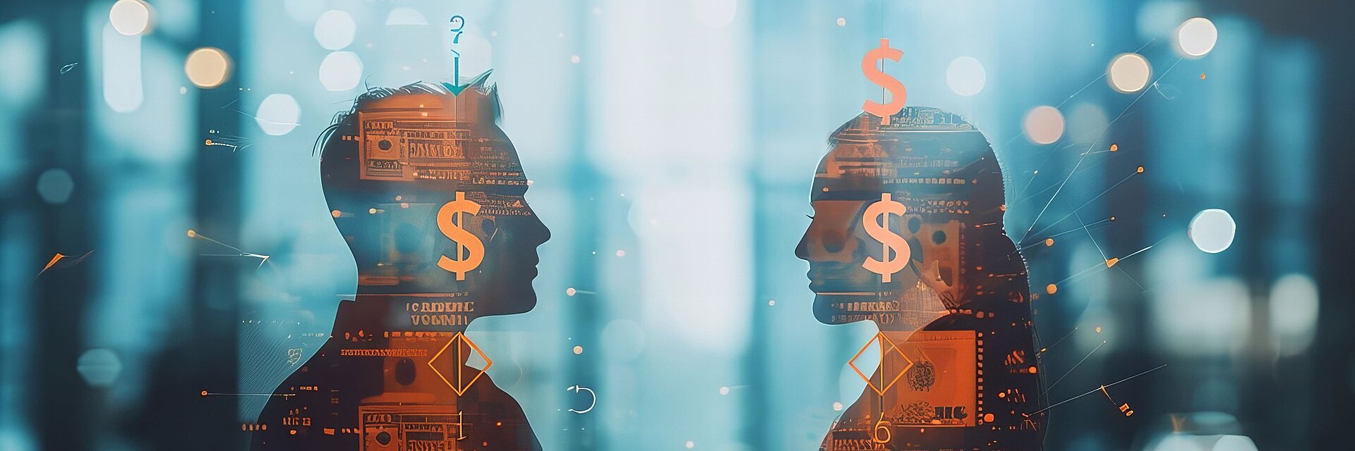Illustrated man and woman with dollar signs, symbolizing financial disparity