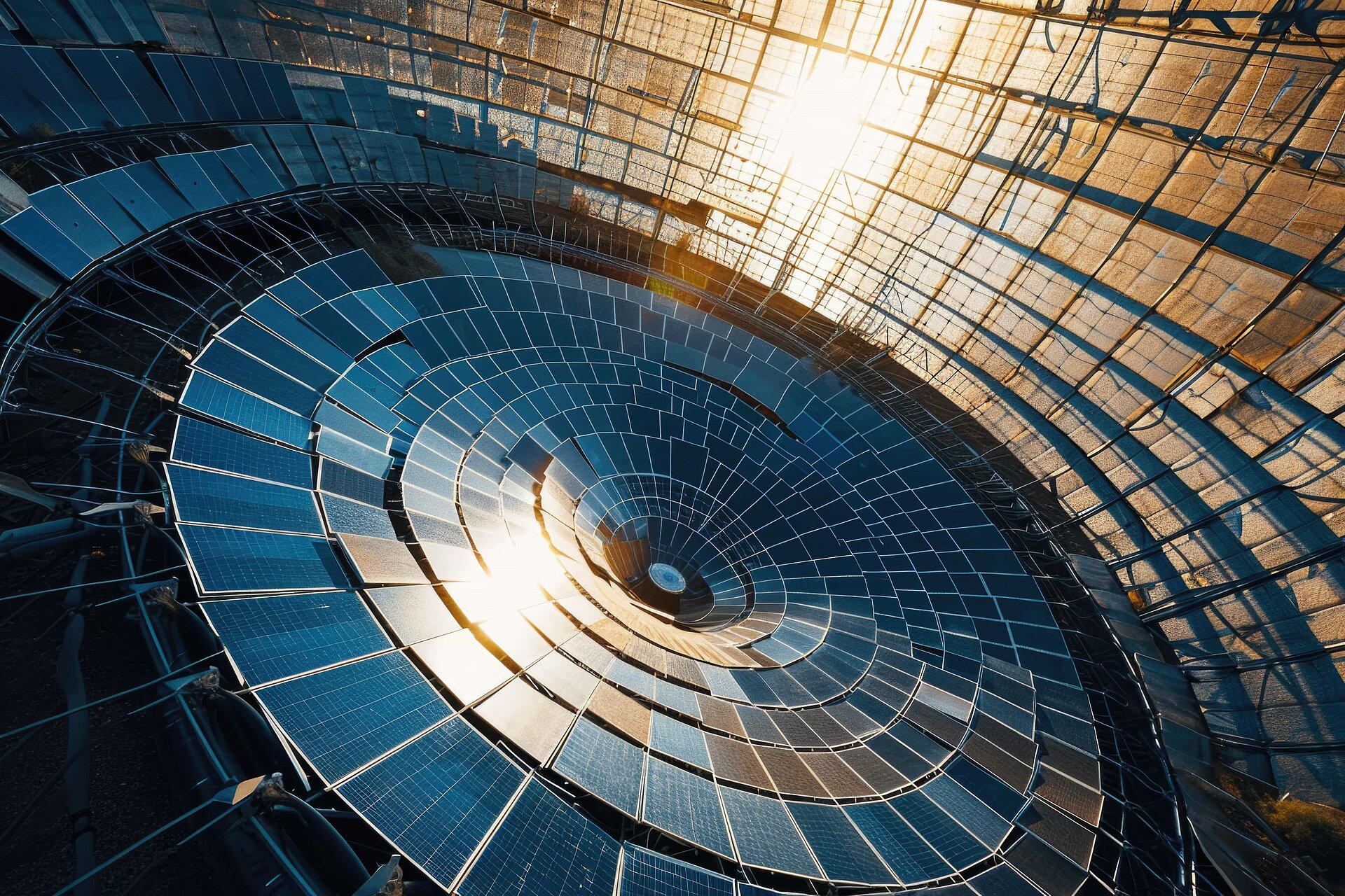 A solar concentrator directing sunlight onto photovoltaic cells, showcasing the efficiency of concentrated solar power