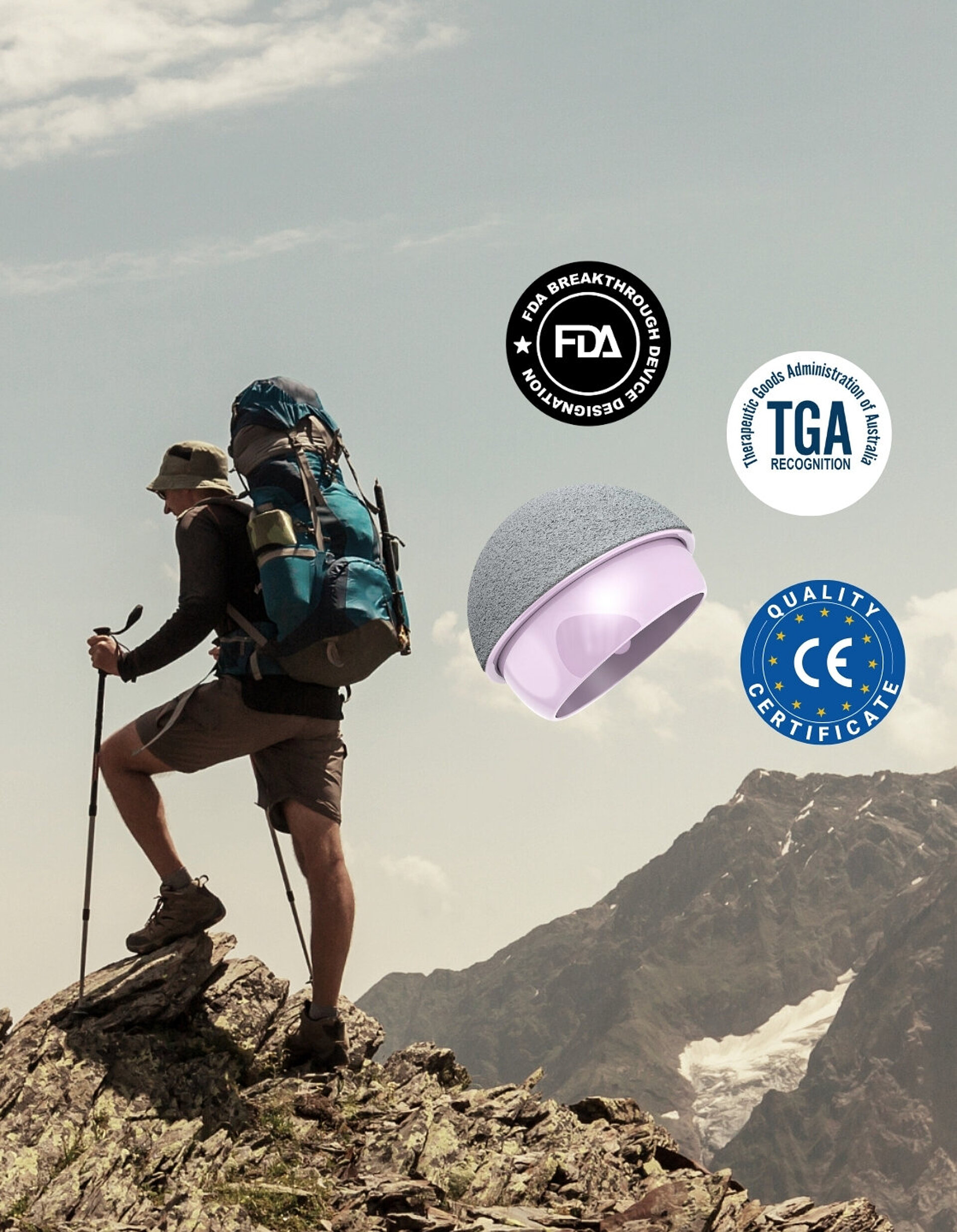 A hiker with a large backpack and trekking poles stands atop a rocky mountain peak under a partly cloudy sky. The image highlights MatOrtho’s internationally recognized medical certifications: FDA Breakthrough Device Designation (USA, 2023), recognition by the Therapeutic Goods Administration (Australia, 2024), and CE marking for the European market (2025).
