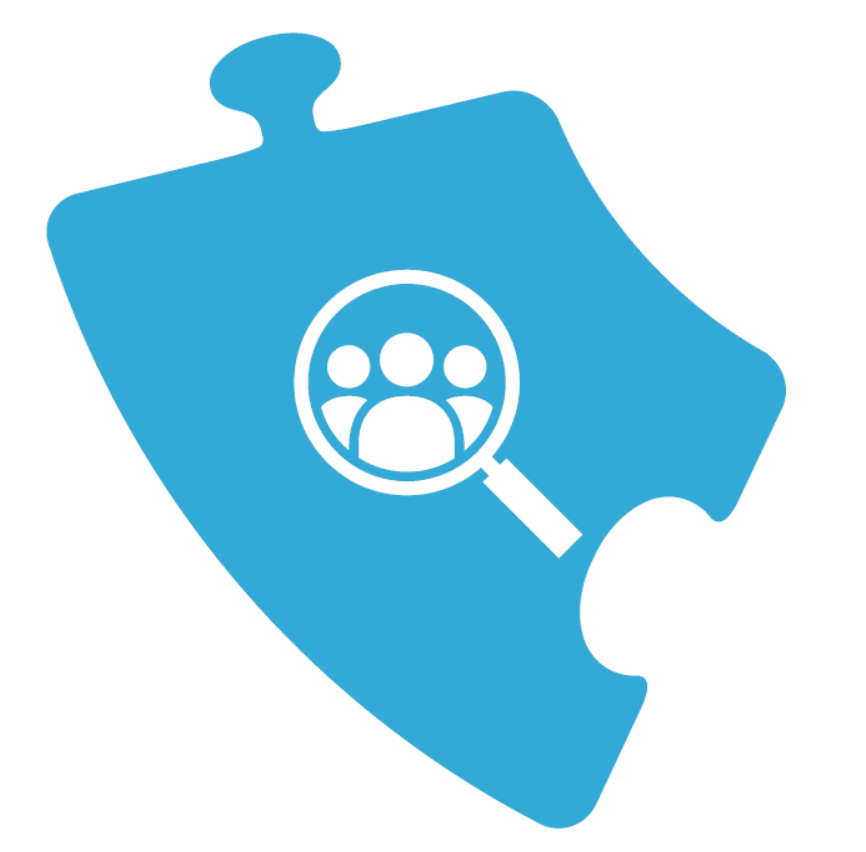  Ein Puzzlestück mit einer Lupe, die auf eine Gruppe zoomt