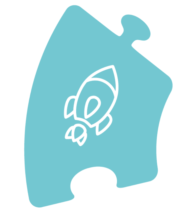 Ein blaues Puzzlestück mit einer Rakete darauf