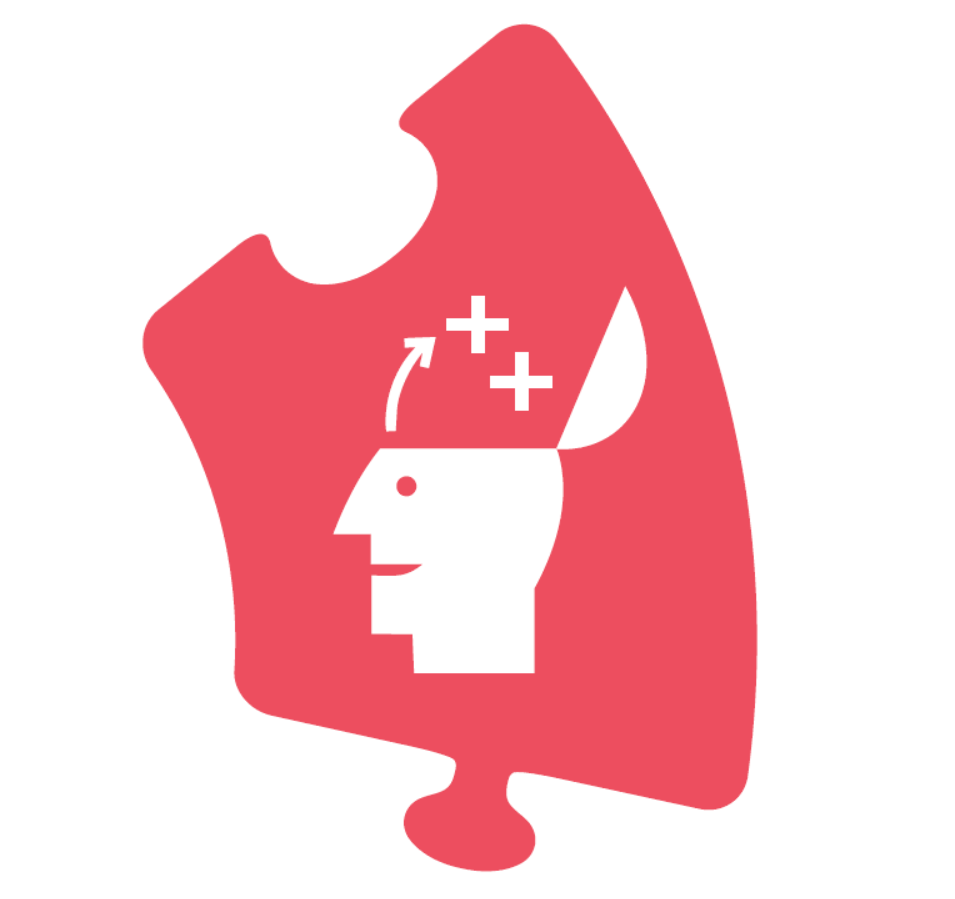 Ein rosa Puzzlestück mit einem Mann mit offenem Kopf darauf